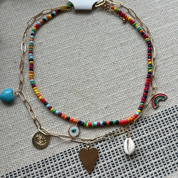 NWT 2pcs/set Beaded Shell & Heart Shaped Stone Pendant Oval Chain Necklace - Picture 3 of 3